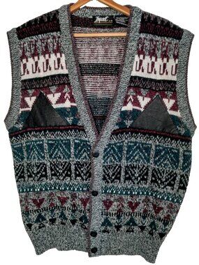 Vintage 1990s Impact Sweater Vest Men Large Gray Purple Geometric Leather Trim